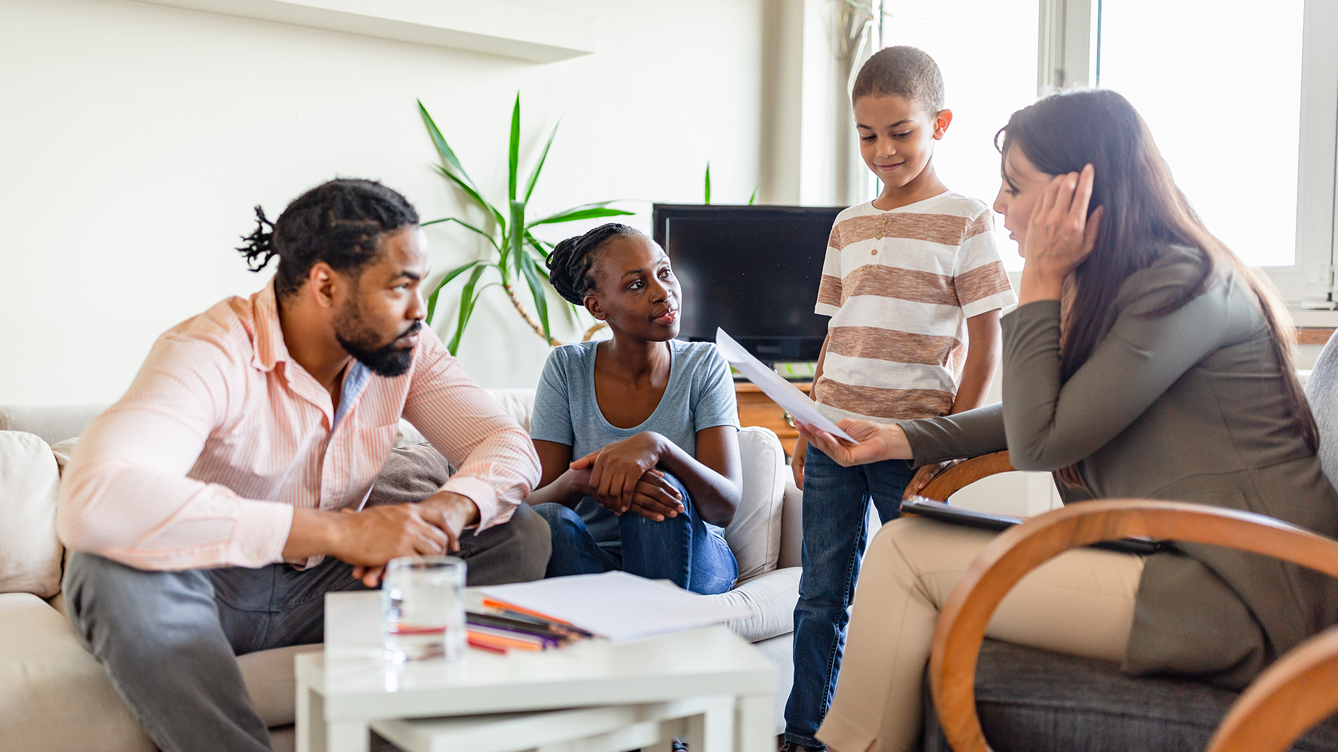 A family talking around a table